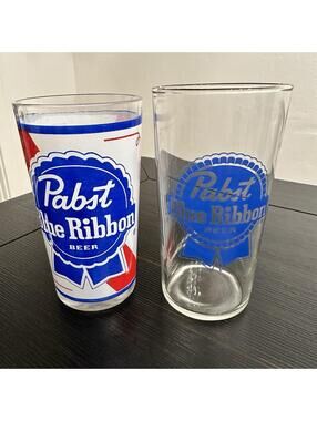 2 Vintage Collectible Pabst Blue Ribbon Beer Glasses Bar Pub Tavern